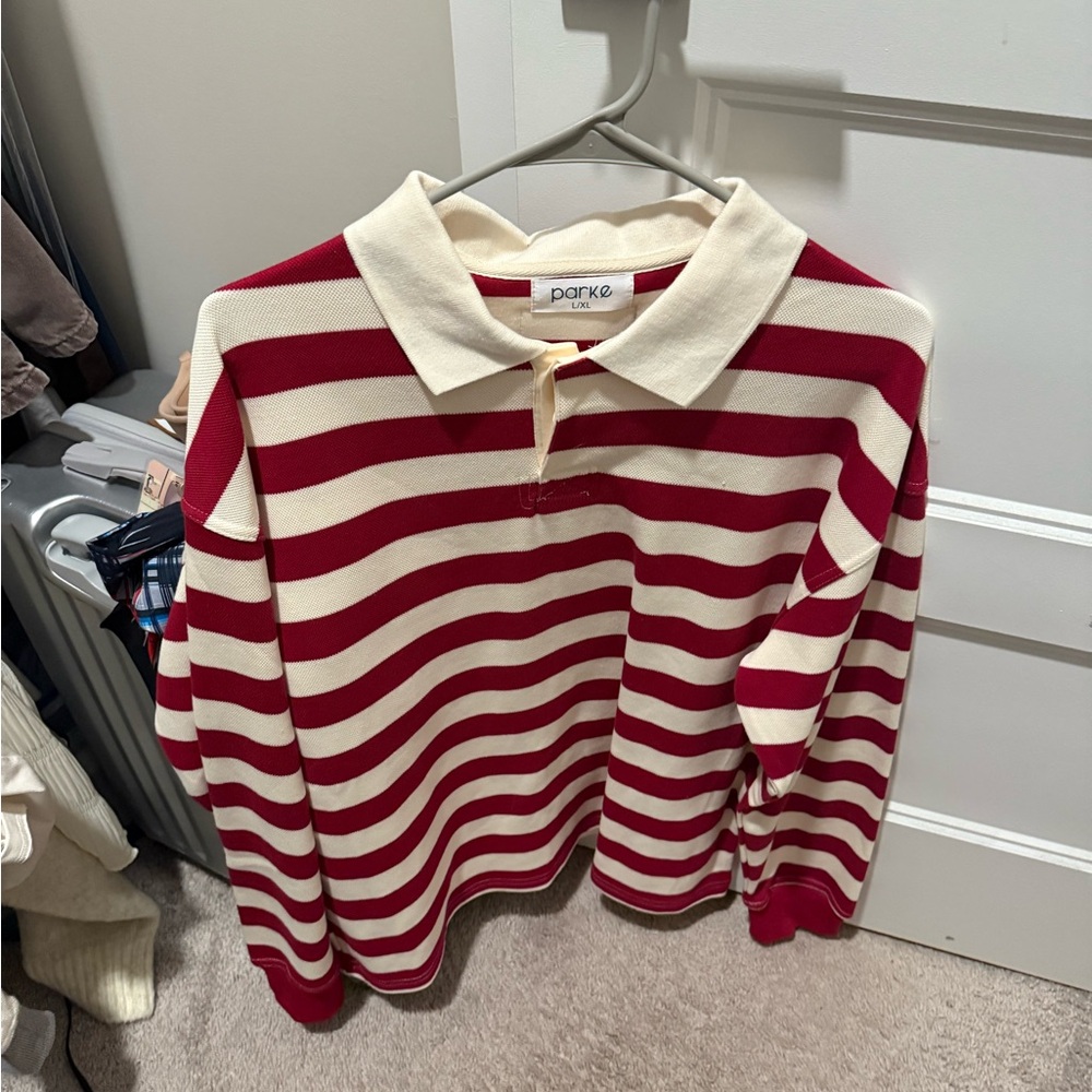 Parke by Chelsea parke Kramer oversized rugby red and White Striped Polo Shirt